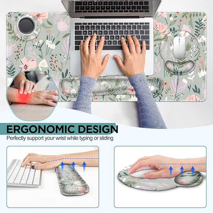 AIMSA Keyboard Mouse Pad Set Extended Mouse Pad Keyboard Wrist Rest Support Memory Foam Ergonomic Desk Pad Set for Home Office Study Game Pink White Flowers Plants