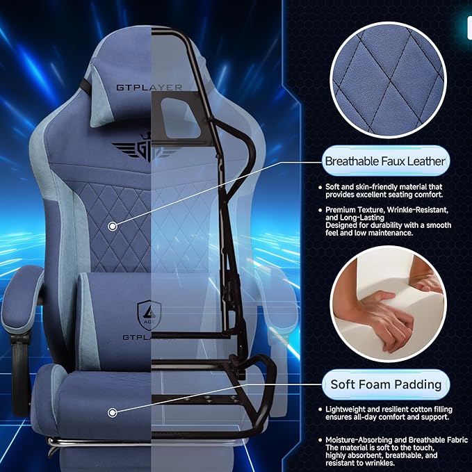 GTPLAYER Gaming Chair Video Game Chairs with Footrest and Lumbar Support Computer Chair for Adults with Extended Backrest Ergonomic Reclining Silla Gamer Fabric Dark Blue