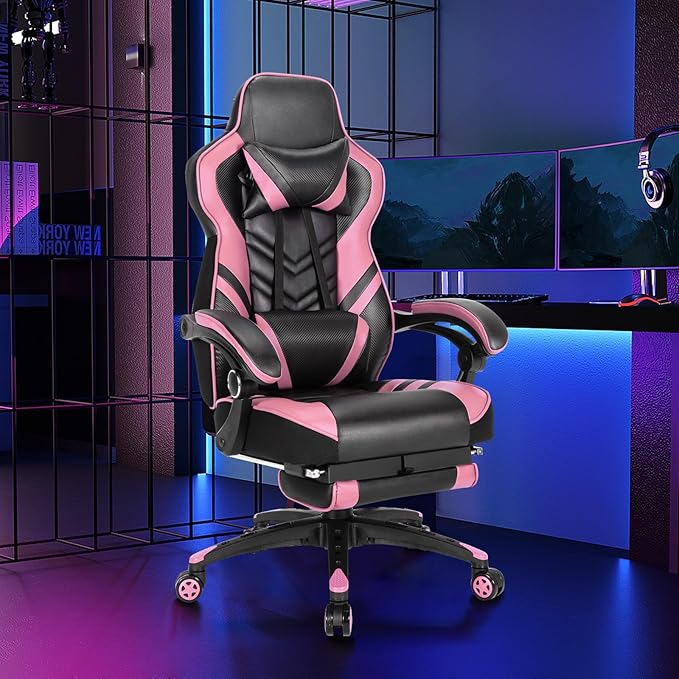Goplus Gaming Chair Computer Chair with Footrest and Lumbar Support Height Adjustable Executive Swivel Rolling Task Chair with 90°-155° Tilt Function (Pink)