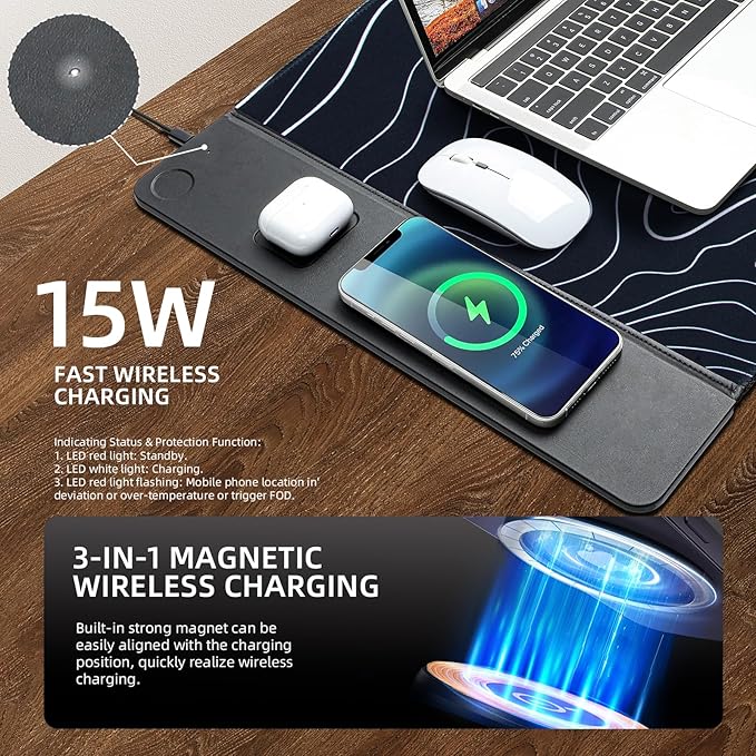 3 in 1 Wireless Charging Mouse Pad Gift for Dad/Office ManagerWireless Charger Compitable with iPhone/Watch/airpods. Wireless Charging Desk Mat 90 x 40cmBlack Topographic Computer Desk Pad
