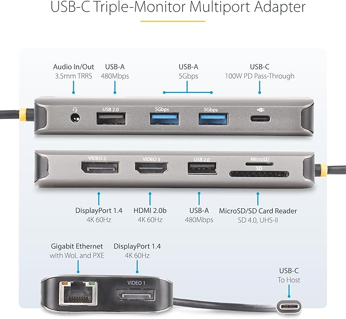 StarTech.com USB-C Docking Station for Windows and ChromeOS Triple 4K HDMI DP Video USB 10Gbps Hub 100W Laptop Charging GbE SD MicroSD