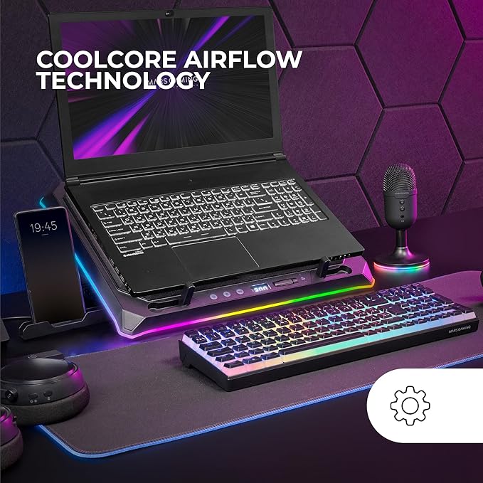 Mars Gaming MNBC Ultra Cooling Base and Stand 140 mm Fan CoolCore Airflow Technology RGB Chroma 5 Positions Compatible with Laptops up to 18 Inches Smartphone Holder 4 x USB-A Black