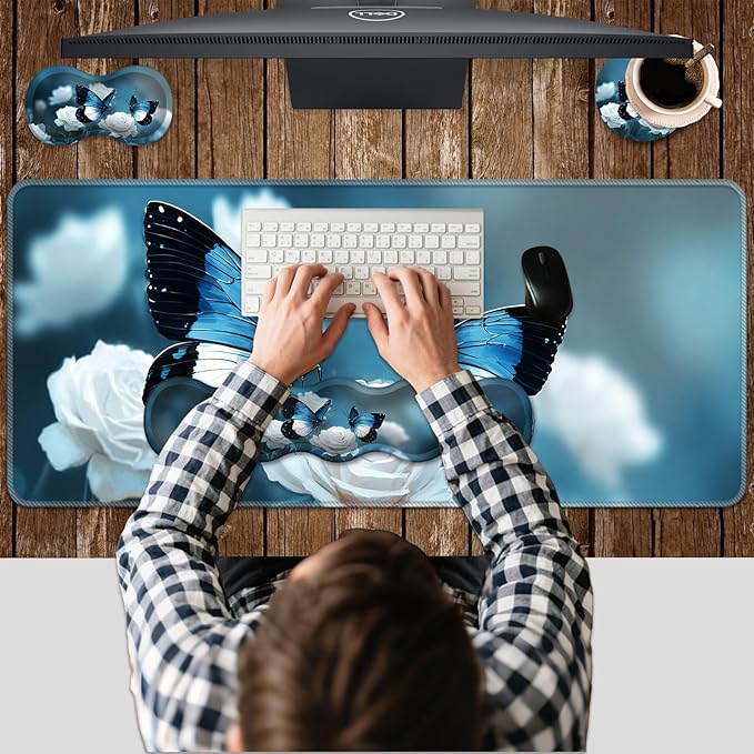 Ergonomic Keyboard Wrist Rest &amp Mouse Pad Wrist Rest SetXL Gaming Desk Mat 31.5x 11.8Non-Slip BaseMemory FoamEasy Typing Pain Relief for Office &amp HomeBlue Butterflies White Rose