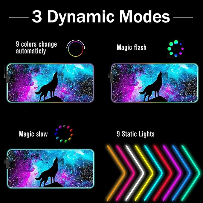 RGB Gaming Mouse Pad with Coffee Coaster XXL Large Glowing LED Mousepad Anti-Slip Rubber Base Computer Keyboard Desk Mouse Mat 31.5 X 11.8 Inch - Blue Galaxy Nebula Wolf