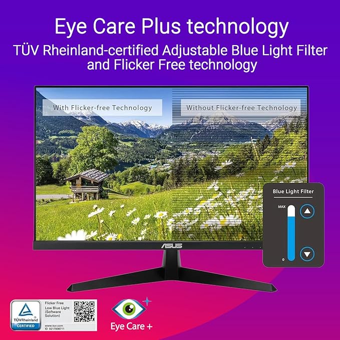 ASUS 24 FHD IPS Gaming Monitor 1080P Display 120Hz 1ms FreeSync Built-in Speakers Eye Care Plus Technology VESA Mountable TUV Certified Low Blue Light HDMI VGA