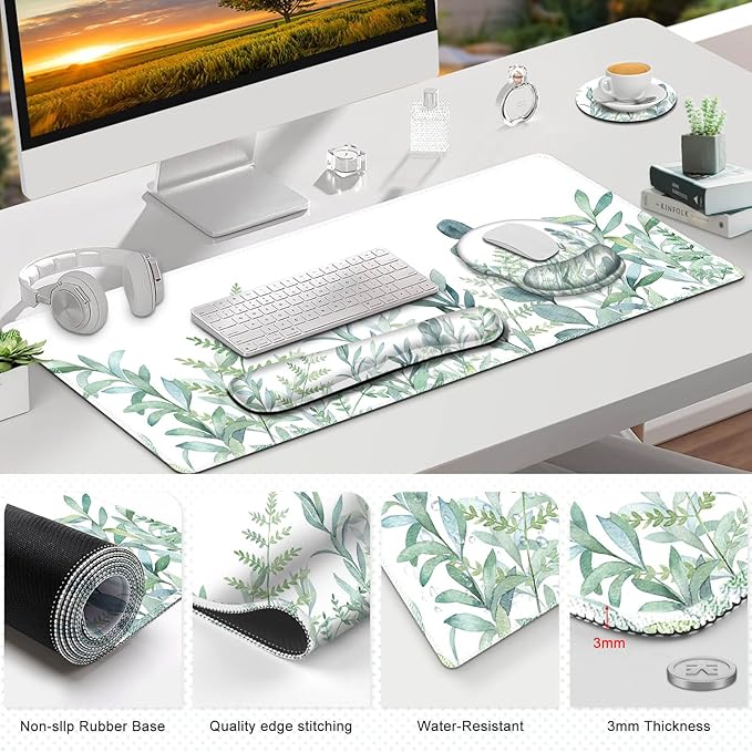 ToLuLu Desk Mat XXL Large Mouse Pad Wrist Support Set4 in1 Gaming Mousepad Desk Pad+ Ergonomic Mouse Pad with Wrist Rest + Keyboard Wrist Rest+Coaster for Home Office Computer Table Green Grass