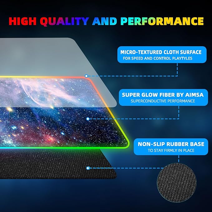 Large RGB Gaming Mouse PadGalaxy Nebula Space Oversized Glowing Led Extended Mousepad10 Lighting ModesNon-Slip Rubber Base Computer Keyboard Mousepads Mat31.5 x 11.8 inch