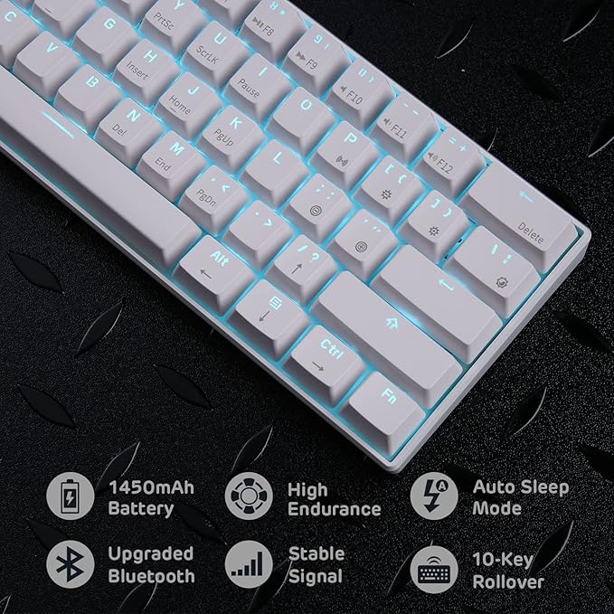 RK ROYAL KLUDGE RK61 Wireless 60% Triple Mode BT5.0/2.4G/USB-C Mechanical Keyboard 61 Keys Wireless Mechanical Keyboard Compact Gaming Keyboard with Software (Hot Swappable Red Switch White)