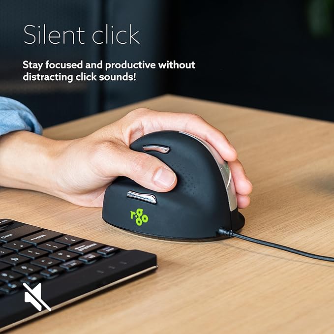 R-Go HE Vertical Ergonomic Mouse for Large Left-Handed with Break Software USB-C Wired Prevents Tennis Elbow/Mouse Arm RSI Silent Click 5 Buttons - Compatible Windows/MacOS Black/Silver