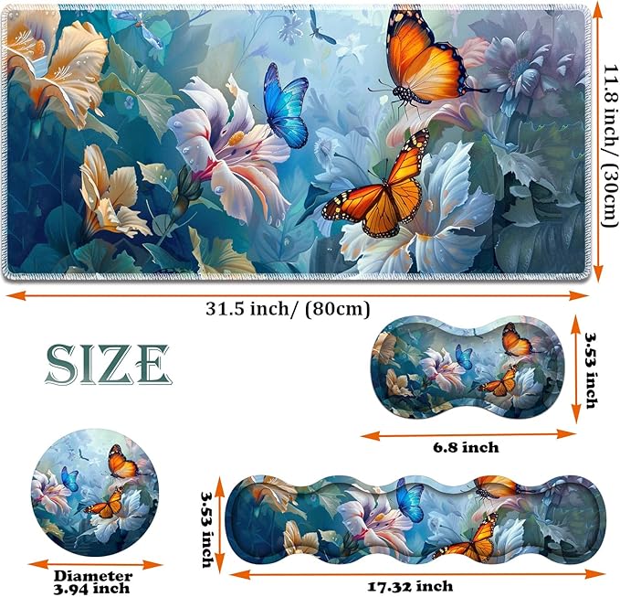 Large Gaming Mouse Pad + Keyboard Wrist Rest + Wrist Support + Coaster Set Memory Foam Ergonomic for Easy Typing XXL Extended Gaming Mouse Pad Table Pad - Painting Butterfly