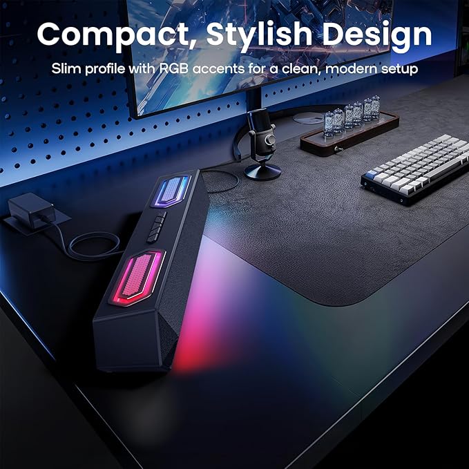 Deeyaple Computer Speakers 40W PC Speakers for Desktop Monitor with Bluetooth 5.3 &amp USB Audio HiFi Stereo Gaming Soundbar with Custom EQ Software Dynamic RGB Lighting for Laptop PS4 PS5 Blac