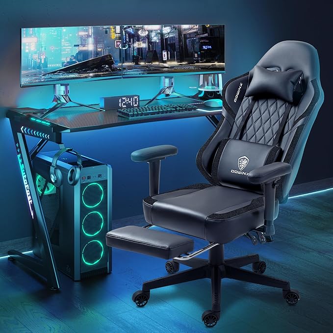 Dowinx LS-66T50EJP Gaming Chair with Pocket Spring Cushion and Hanger Massage Game Chair Pu Leather with Headrest Ergonomic Computer Chair with Footrest 300lbs for Adult Black Grey