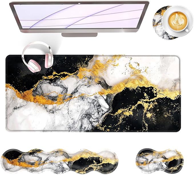 Large Keyboard Mouse Pad Set Extended Mouse Pad+Keyboard Wrist Rest Support Memory Foam Ergonomic Easy Typing 4Pcs (31.5×11.8 in) Desk Pad Set for Office HomeBlack and White Gold Marble