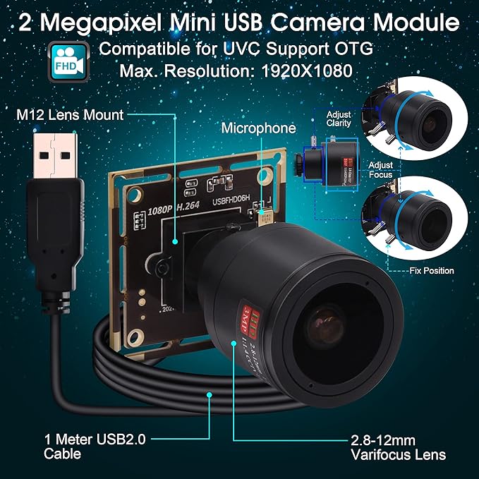 1080P USB Camera Module 0.01Lux Low Light Camera with 2.8-12mm Varifocal Lens H.264 2MP CMOS IMX323 UVC Industrial Webcam Board for Window Linux Android Mac OS