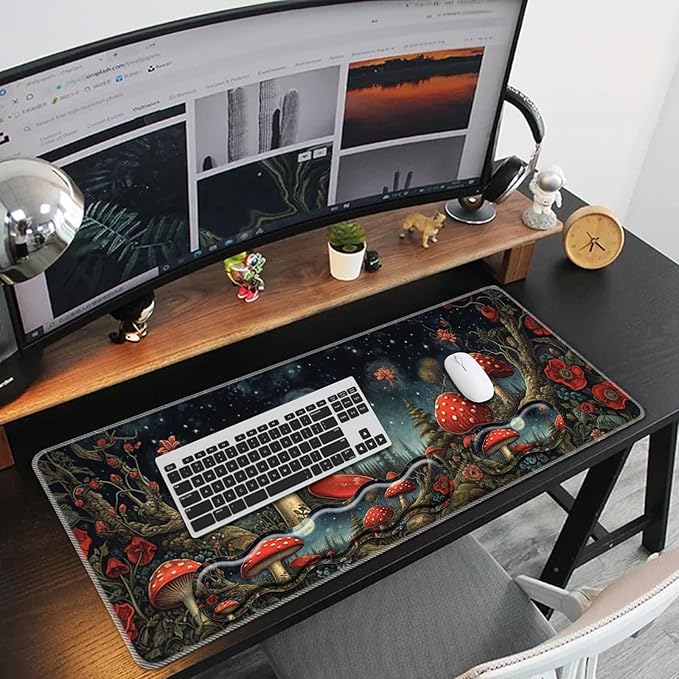 Keyboard Mouse Pad SetLarge Mouse Pad+Keyboard Wrist Rest+Wrist Support+Coaster31.5x11.8in Extended Desk Mat for Computer Laptop Office Home-Mushroom Forest