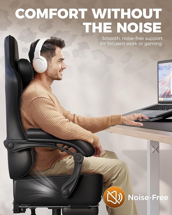 GTPLAYER Big and Tall Gaming Chair with Footrest Ergonomic Office Desk Chair with 4.4in Thick Cushion and Wide Wingless Seat Comfortable Leather Computer Chair Predator Series Black with Trim