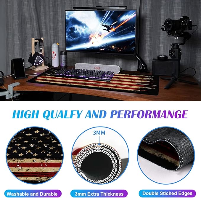 Large Extended Gaming Mouse Pad with Stitched Edges Non-Slip Waterproof Rubber Base Mouse Pad for Office Computer Keyboard Laptop and Home Desk Pad 35.4 x 15.7 x 0.12 Inch (American Antique Flag)