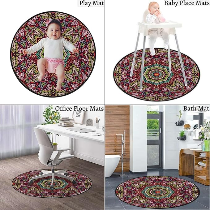 Abstract Round Rug Tile Flooring Colorful Durable Anti-Slip Hand Washable and Protects Floors 70s Party Hippie Vintage MiniMulticolor Diameter 47.2 in