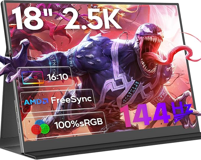 2.5K 144Hz Portable Monitor 18 2560x1600 Portable Gaming Monitor 100% sRGB FreeSync HDR Laptop Monitor w/VESA &amp Case 16: 10 Wide Screen IPS External Monitors for Mac Switch Xbox PS4/5
