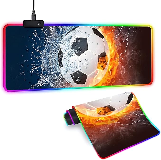 XL RGB Gaming Mouse Pad with 14 Light Modes - Light Up Gamer Mouse Pad31.5 x 11.8in Non-Slip Soccer Style Fire&ampWater Led Large Gamer MousepadBlack Long Glowing Gaming Accessories for DeskWaterp