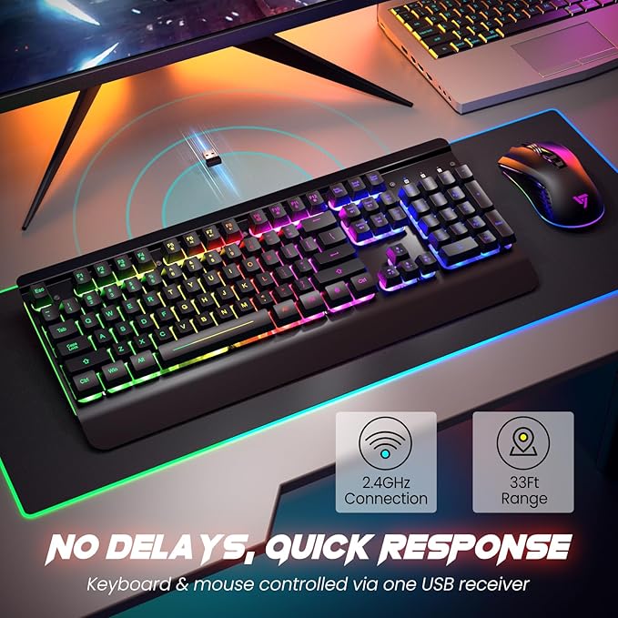 RisoPhy Wireless Gaming Keyboard and Mouse Combo Metal Panel 7 Color Backlits Rechargeable 3200 mAh Battery Wrist Rest Sleep Mode Light Up Keyboard + 7D 3200DPI Gaming Mice for PC Gamer