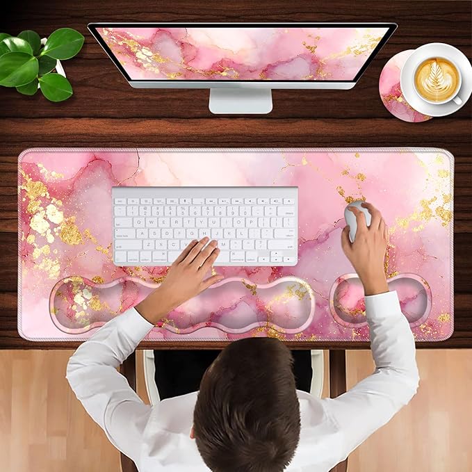 Keyboard Wrist Rest and Mouse Pad with Wrist Support Set Ergonomic CoasterMemory FoamEasy Typing Pain ReliefLarge XL Desk Mat 31.5x 11.8Pink Gold Marble