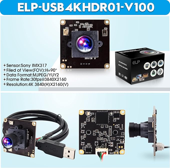 ELP 4K USB Camera Module with Microphone for Computer - 8MP Industrial Lightburn Camera IMX317 - 100 No Distortion Lens