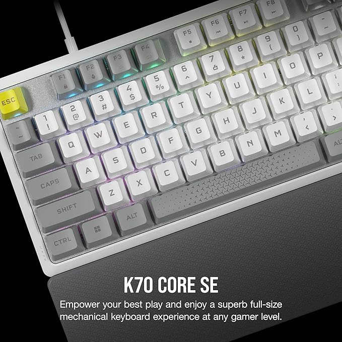 Corsair K70 CORE SE RGB Mechanical Wired Gaming Keyboard with Palmrest – Pre-Lubed MLX Red Linear Switches SOCD PBT Dye-sub Keycaps Sound Dampening Media Control Dial QWERTY NA – White