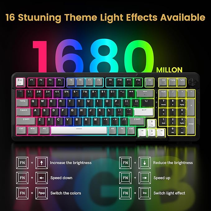 Redragon K742 Wireless Mechanical Gaming Keyboard with Knob Bluetooth 5.0/2.4GHz/USB C Wired Creamy Keyboard with Number Pad for PC Computer RGB Backlits Hot-Swappable with Linear Switches (Black)
