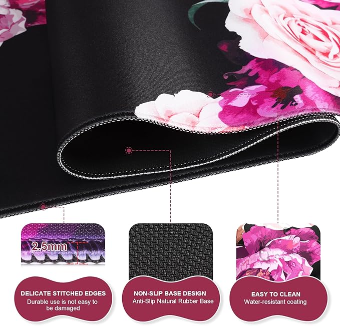 iLeadon Mouse Pad Set Desk Mat + Mouse Pad with Wrist Rest + Keyboard Wrist Rest + Coaster Mouse and Keyboard Pad Set with Stitched Edge &amp Non-Slip Base Desk Pad Mat for Work Gaming Peony Flow