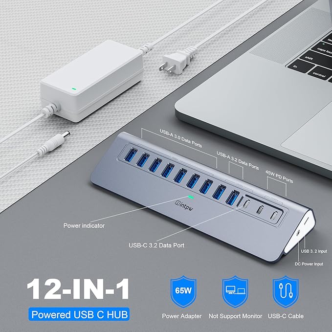 Powered USB Hub 10Gbps intpw YH9AC 12-Port USB Splitter with USB A/USB C 3.2 4 USB 3.0 2 PD 45W Charging Ports 65W Power Adapter + 3.3FT Cable Aluminum USB Extender Hub for Laptop/PC/iPhone 16/15