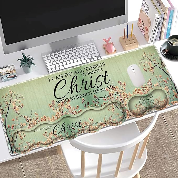 Large Gaming Mouse Pad + Keyboard Wrist Rest + Wrist Support + Coaster Set Memory Foam Ergonomic for Easy Typing XXL Extended Gaming Mouse Pad Table Pad - Sakura Philippians 4-13