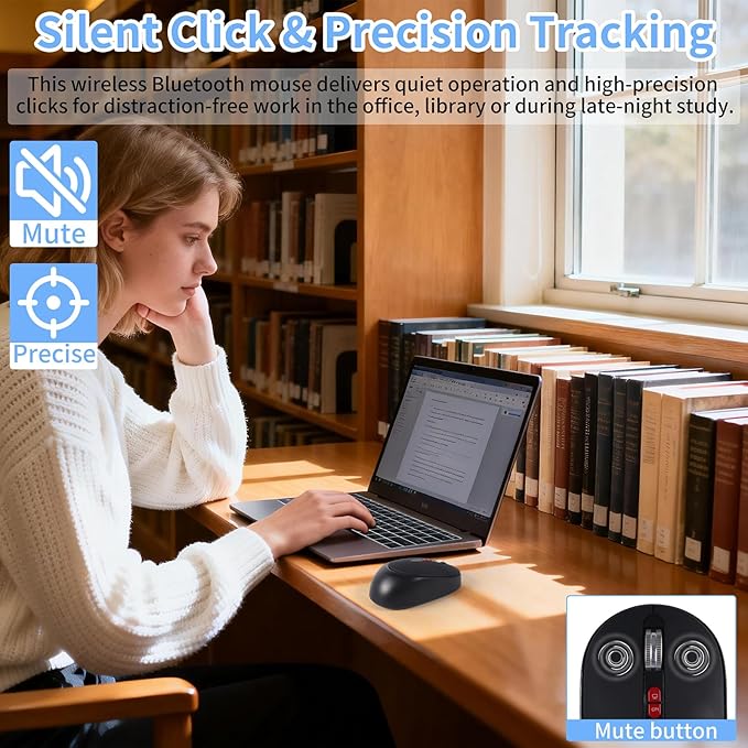 Dual Mode Wireless Bluetooth Mouse - USB-C &amp USB-A Receiver Rechargeable Silent Click for Laptop Tablet PC - Perfect for Students &amp Professionals Travel-Friendly (Black)