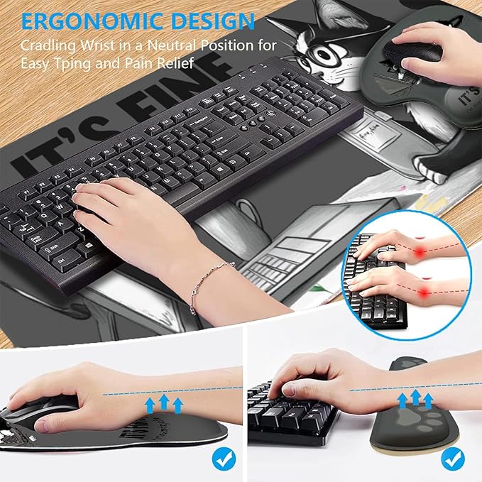 AQQA Funny Keyboard Mouse Pad SetXXL Mouse Mat+Keyboard Wrist Rest Support Cat Ergonomic Mouse Pad with Wrist Rest 4 Pcs Cute Office Desk Accessories35.4×15.7 in