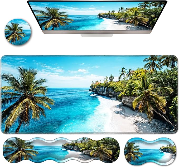 Ergonomic Keyboard Wrist Rest &amp Mouse Pad Wrist Rest SetXL Gaming Desk Mat 31.5x 11.8Non-Slip BaseMemory FoamEasy Typing Pain Relief for Office &amp HomeTropical Beach Palm Trees