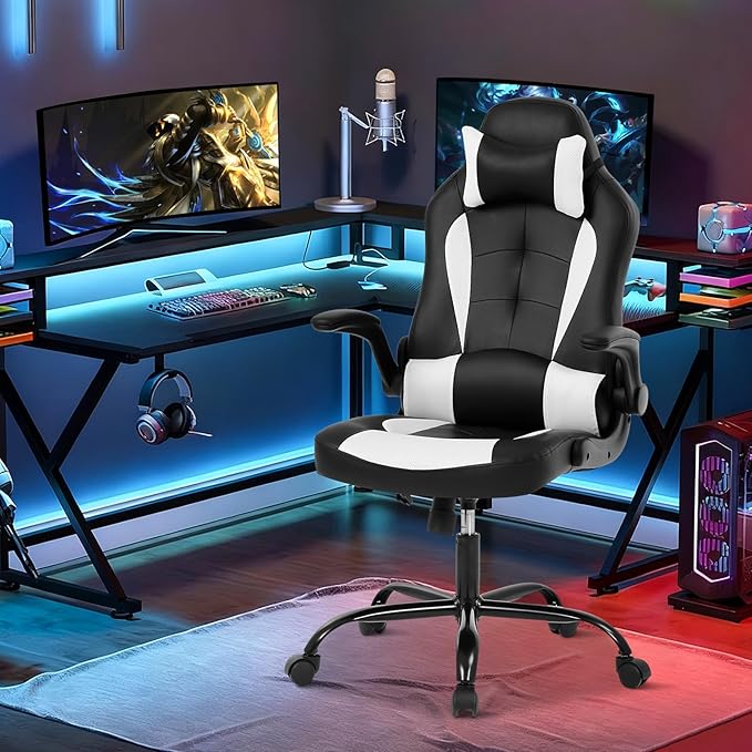 Gaming Chair Racing Chair with Lumbar Support - High Comfort PU Leather Ergonomic Office Desk &amp PC Gaming Chair for Adults Men Women - Flip-Up Arms &amp Headrest White