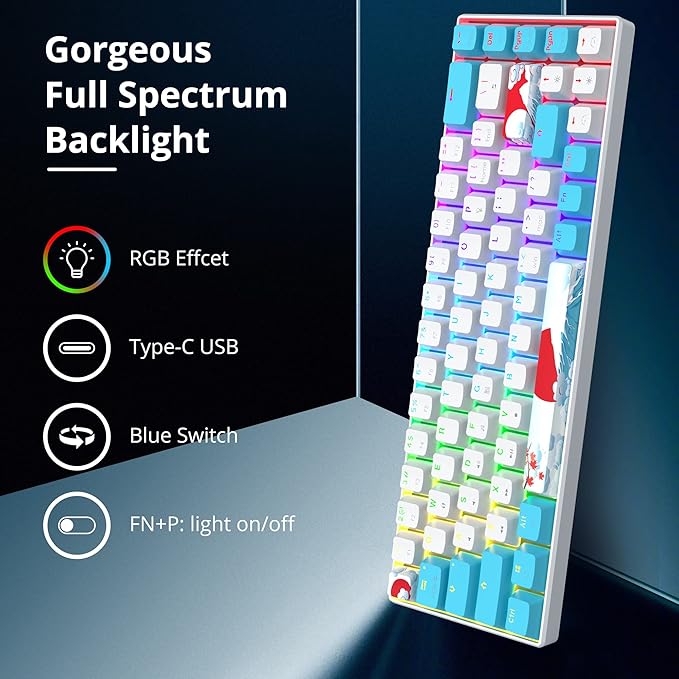 65% Mechanical Keyboard 68-Key Wired Gaming Keyboard with Blue Switch RGB Lighting Effect PBT Keycaps Ultra-Compact Mini Keyboard Suitable for Win/Mac(68 Sea)