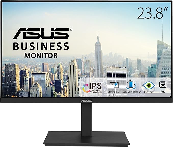 ASUS 23.8” 1080P Docking Monitor (VA24ECPSN) - Full HD IPS 75Hz Adaptive-Sync Speakers Eye Care Low Blue Light Flicker Free USB-C RJ45 HDMI Frameless Height Adjustment VESA Wall Mountable
