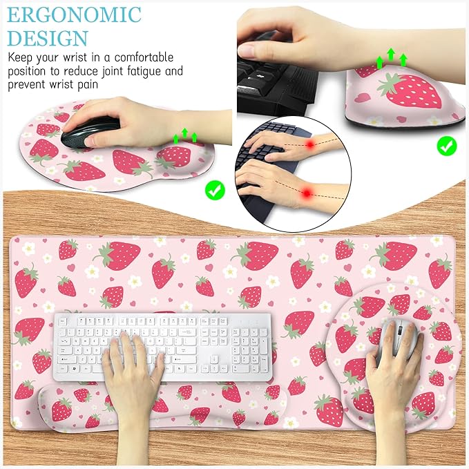 Strawberry Mouse Pad Desk Mat Set Pink Ergonomic Mouse Pad with Wrist Rest Large Gaming Mousepad Wrist Support Keyboard Mat Cup Coaster Set Cute Office Desk Decor Accessories Supplies