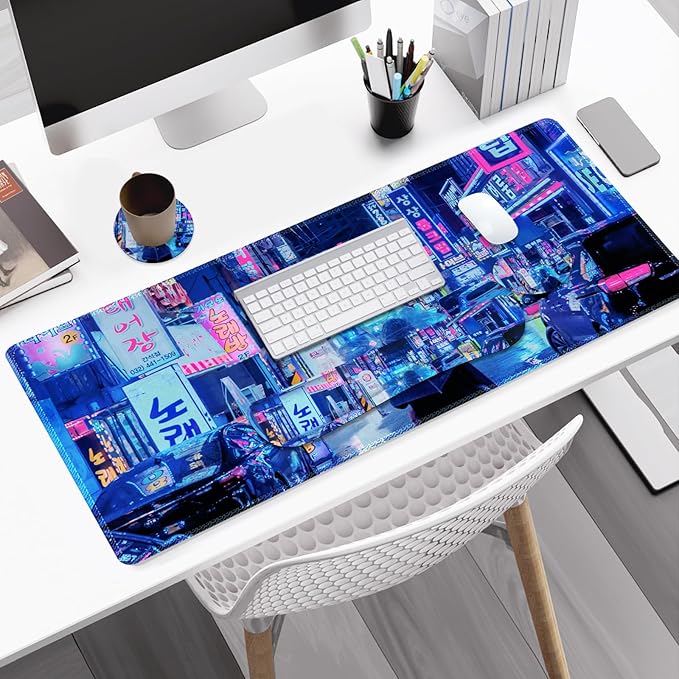 Large Gaming Mouse Pad Set 4 in 1 Extended Keyboard Desk Mat with Wrist Rest Computer Game Mousepad Non-Slip Desk Pad Protector Easy Typing Pain Relief for Home Office I Anime Neon Street