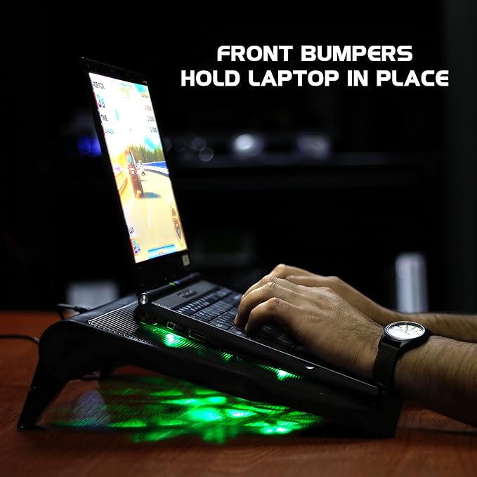 Enhance Gaming Laptop Cooling Pad Stand with LED Cooler Fans Adjustable Height &amp Dual USB Port for 17 inch Laptops - 5 Ultra Quiet High Performance Fans 2630 RPM &amp Built-in Bumpers - Green