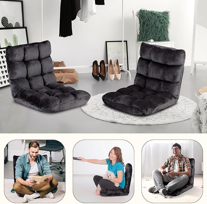 14-Position Adjustable Floor Gaming Chair Foldable Memory Foam Armless Sofa Seat Couch Recliner with Comfy Back Support for Working Meditation Reading Black