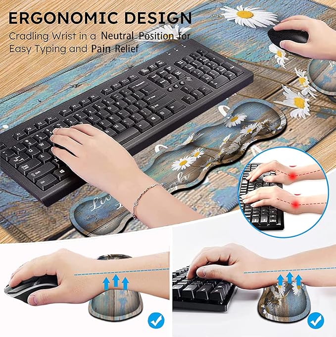 Mouse Pad Set Large Gaming Mouse Pad + Keyboard Wrist Rest Support + Mouse Wrist Rest Non-Slip Rubber Base 31.5 x 11.8 in Extended Desk Mat for Office Desktop Decoration White Daisy Flowers