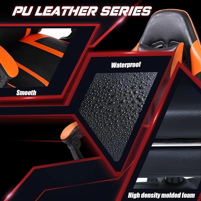Video Game Chairs for Adults PU Leather Gaming Chair with Footrest 360°Swivel Adjustable Lumbar Pillow Gamer Chair Comfortable Computer Chair for Heavy People Orange