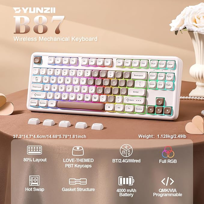 YUNZII B87 Wireless Mechanical KeyboardQMK/VIA ProgrammableTKL Layout 87 KeysBT/2.4G/USB-CHot Swap Gasket Mount RGB Backlit Gaming with Wrist Rest for Win/Mac (Brown Heart Cocoa Cream V2)