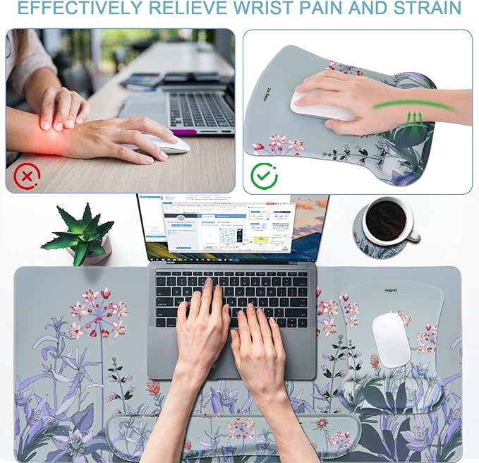 MEGREZ 4-in-1 Ergonomic Memory Foam Wrist Rest Set Desk Pad Mouse Pad with Wrist Rest Keyboard Pad Suitable for Office Workers Programmers &amp Gamers–Relieve Typing &amp Gaming Fatigue Blue G
