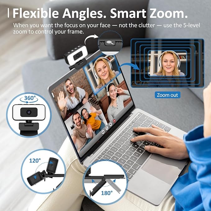 2K Webcam for Laptop Computer Camera with Light for PC/Desktop/Mac [Light Your Face Free Your Space] USB Webcam with Auto Anti-Disturb Backlight Zoom &amp Flip Privacy Cover Microphone
