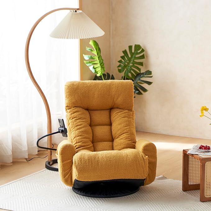 Yoglad Japanese Style Chaise Lounge Sofa with Phone Holder 360-Degree Swivel Chair Floor Gaming Chair Lazy Sofa for Reading Game Meditating 3 Adjustable Positions (Teddy Yellow)