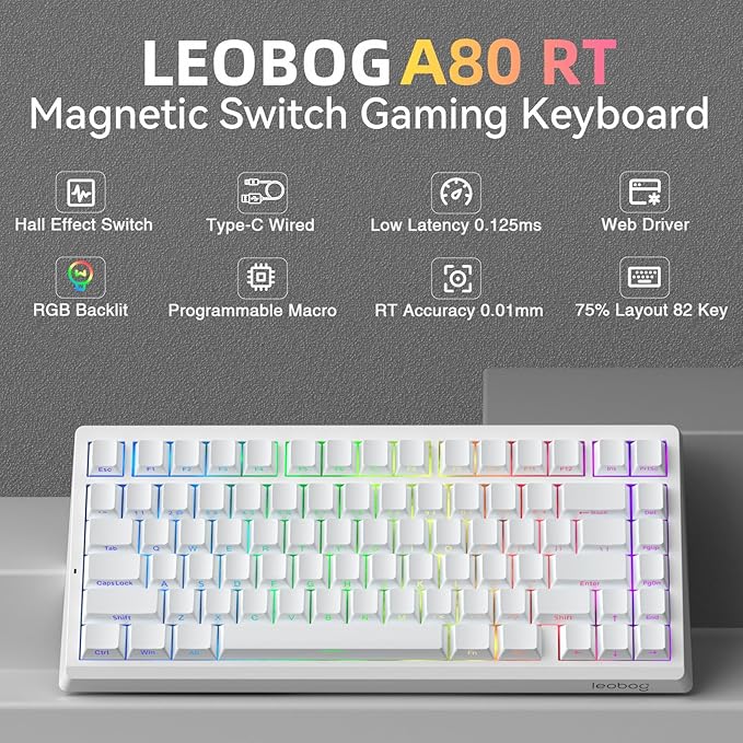 LEOBOG A80 RT Hall Effect Gaming Keyboard Wired Rapid Trigger Magnetic Switch Keyboard with 0.01mm RT Adjustable Actuation 8000Hz Polling Rate RGB Backlit Mechanical Keyboard 75% for PC Gamer