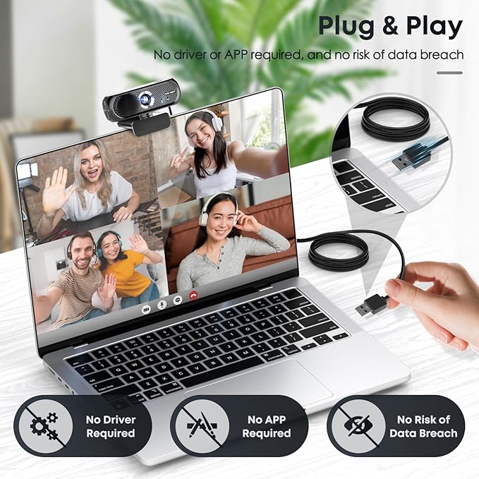 2K Webcam with Microphone Noise Cancellation Privacy Cover Wide-Angle Lens Auto Light Correction Plug &amp Play USB Webcam for Laptop Desktop PC Mac Zoom Skype Streaming (Black)